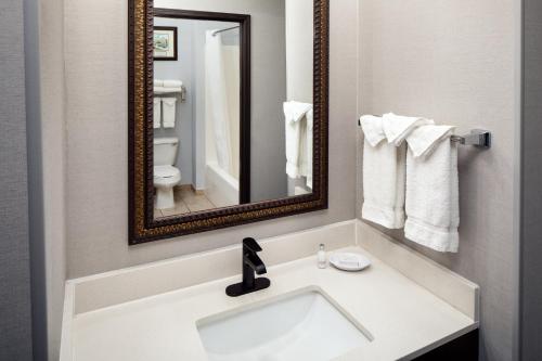 a bathroom with a sink and a mirror at Irish Cottage Inn & Suites in Galena