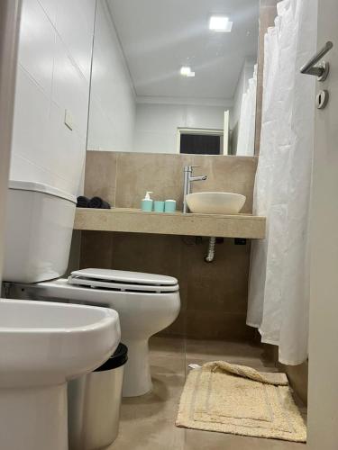 a bathroom with a white toilet and a sink at Art Gallery Pilar in Pilar