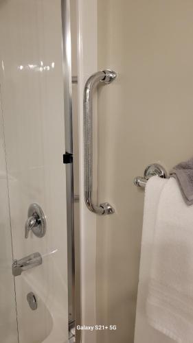 a shower with a glass door with a towel at M&M's Maple Bay Mountain Guesthouse in Duncan
