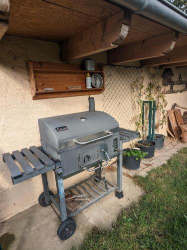 a grill sitting next to a building with a shelf at Idyll im Land der 1000 Seen in Liessow