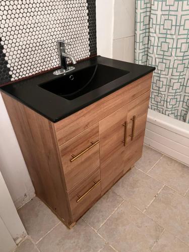 La salle de bains est pourvue d'un lavabo noir et d'une douche. dans l'établissement Guest House, à Winnipeg