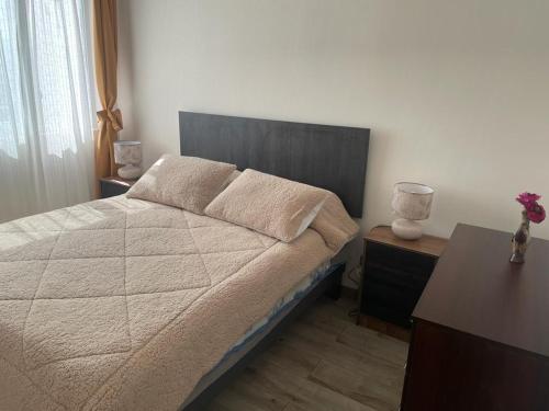 a bedroom with a bed with two night stands and two lamps at Departamento nuevo en reñaca alto 2 dormitorios in Viña del Mar