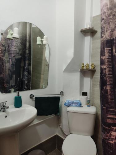 a bathroom with a toilet and a sink and a mirror at Casa Cueva in Setenil