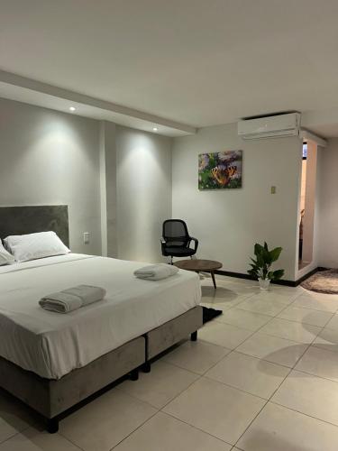 sypialnia z łóżkiem i krzesłem w obiekcie Hotel RITZZ w mieście Paramaribo