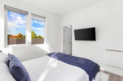 a white room with a couch and two windows at Vhagar's Valyria's Vista in Seattle