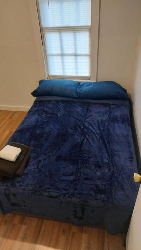 ein blaues Bett in einem Zimmer mit Fenster in der Unterkunft Memphis Comfy rooms to relax! in Memphis
