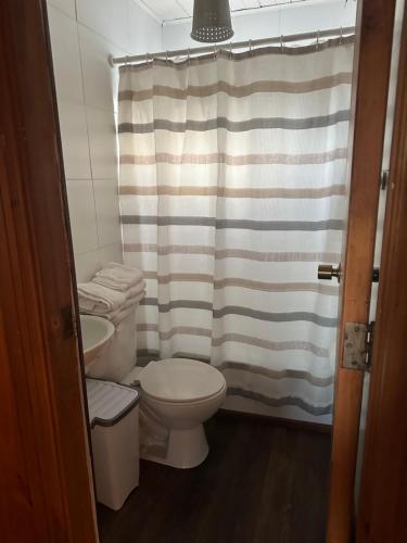 a bathroom with a toilet and a shower curtain at Hostal y Cabañas Villa Germana in Puerto Varas