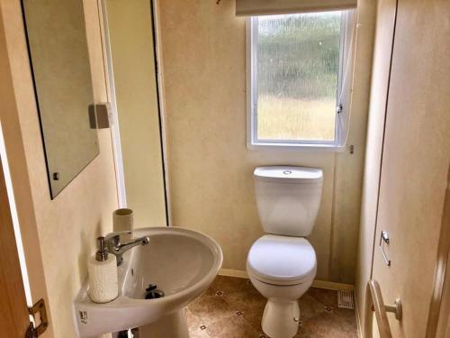 a small bathroom with a toilet and a sink at Clacton Caravan Hire in Little Clacton