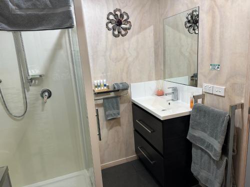 a bathroom with a shower and a sink and a mirror at Te Mata Bay Seaviews in Tapu