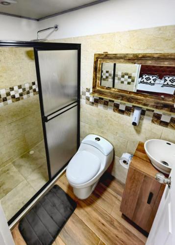 a bathroom with a toilet and a sink at Confortable Apartamento a 20 mt del Parque Principal in Salento