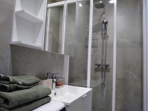 uma casa de banho com um lavatório branco e um chuveiro em PUŠIES namai em Nida