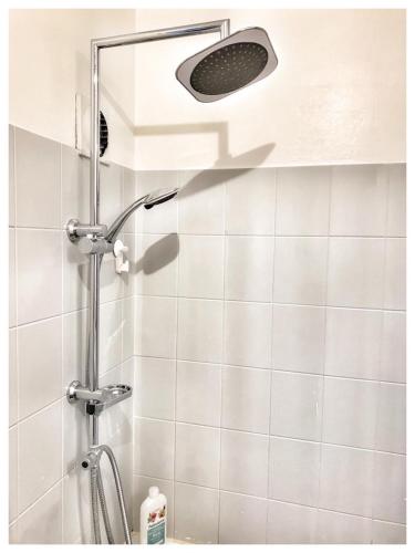 une douche avec pommeau de douche dans une salle de bain dans l'établissement Modern & Chic Appartement- GoodVibes Paris, à Gonesse