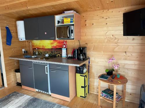 a kitchen in a log cabin with a counter and a table at Ferienhaus am Damwildgatter in Neu Kosenow