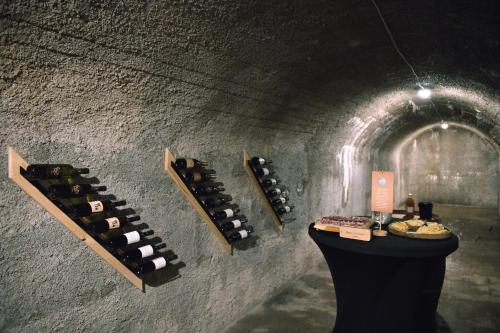 una bodega con botellas de vino en un túnel en House On The Hill (Hiška Na Griču) en Spodnja Idrija