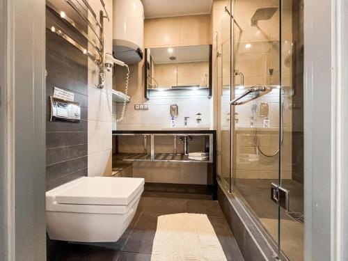 a bathroom with a toilet and a shower at 12th Floor Apartments in Odesa