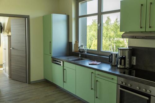 cocina con armarios verdes, fregadero y ventana en An der Metow-Ferienpark Hotel, en Plau am See