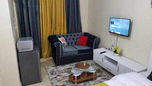 ein Wohnzimmer mit einem schwarzen Sofa und einem TV in der Unterkunft Amir in Nairobi