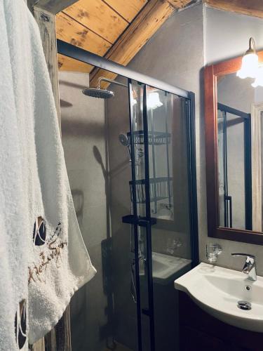 a bathroom with a shower and a sink at Alexandros Guesthouse in Arachova