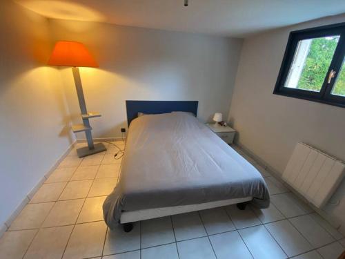 - une chambre avec un lit et une lampe dans l'établissement Appartement Cosy Villieu, à Villieu