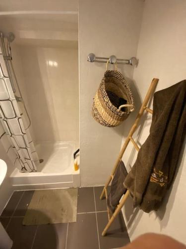 - une salle de bains avec un panier et des serviettes sur un portant dans l'établissement Appartement Cosy Villieu, à Villieu