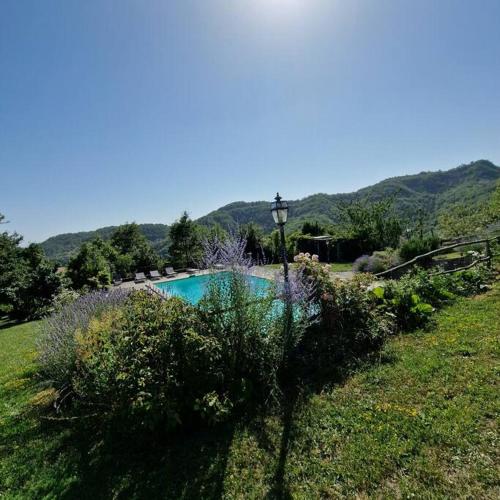 a swimming pool in a field with mountains in the background at Borgo il cantuccio - Casa Simona con piscina condivisa in Molino di Renzetti