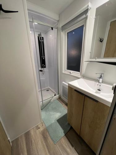 ein Badezimmer mit Waschbecken und Dusche in der Unterkunft Chez Vane et JP in Lège-Cap-Ferret