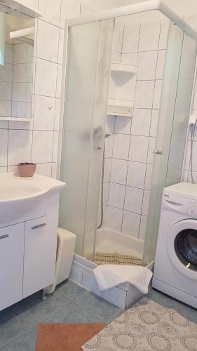 a bathroom with a shower and a washing machine at Apartmani Roza Lopar in Lopar