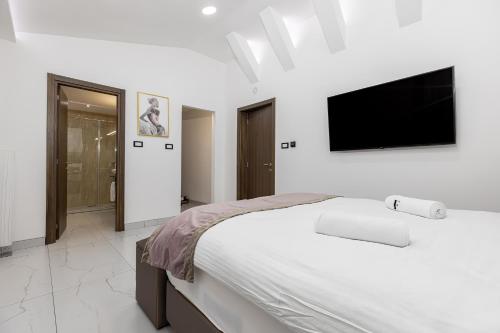 a bedroom with a large bed and a flat screen tv at ForS Resort & Spa in Belgrade