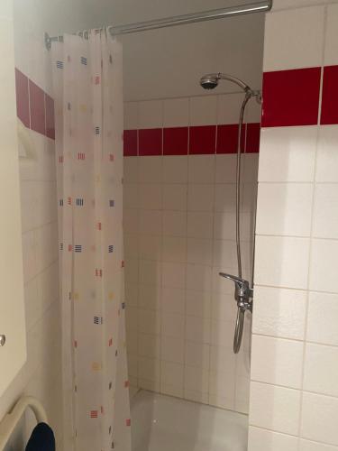 y baño con ducha y cortina de ducha. en Apartment mit Pool zum Verlieben, en Bad Essen