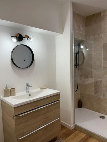 ein Bad mit einem Waschbecken, einem Spiegel und einer Dusche in der Unterkunft Maison plein centre Sainte-Terre in Sainte-Terre
