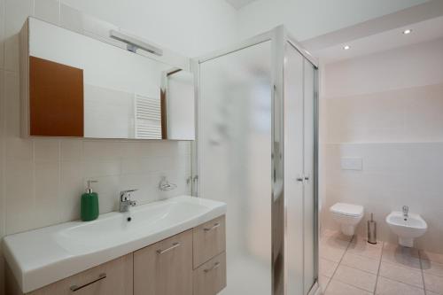 uma casa de banho com um lavatório, um chuveiro e um WC. em FrenkHome open space em Riolo