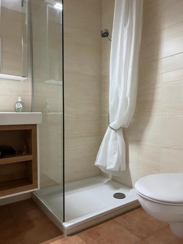 a shower with a glass door in a bathroom at Diek Hus in Dorum Neufeld