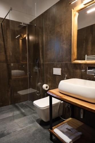 La salle de bains est pourvue d'un lavabo et d'une douche. dans l'établissement Sofra Kolonjare, à Ersekë