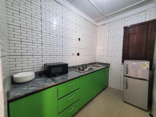 La cuisine est équipée de placards verts, d'un évier et d'un réfrigérateur. dans l'établissement TSOLID HOMES, à Ibadan