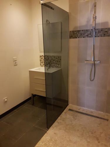 uma casa de banho com um chuveiro e um lavatório. em Maison entière Coeur village em Argelès-sur-Mer