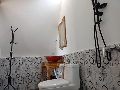 a bathroom with a white toilet and a sink at Batur Homestay and Lodge in Bangli