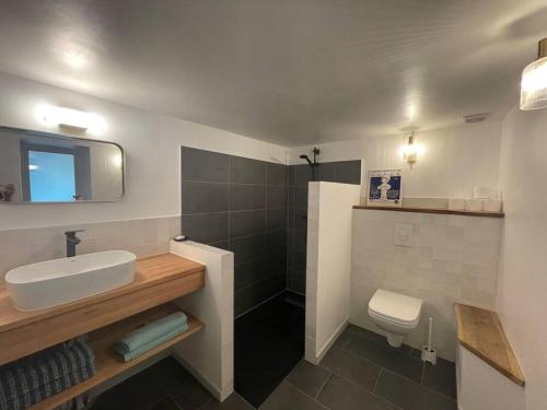 ein Bad mit einem Waschbecken und einem WC in der Unterkunft Gîte avec terrasse in Saint-Saturnin