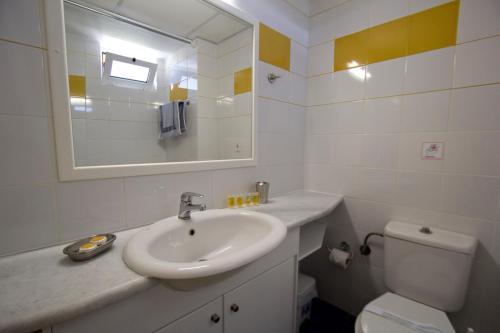 a bathroom with a sink and a toilet and a mirror at Pegasus Hotel in Stalos