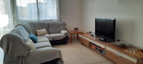 sala de estar con sofá y TV en Apartament a Llançà, en Girona