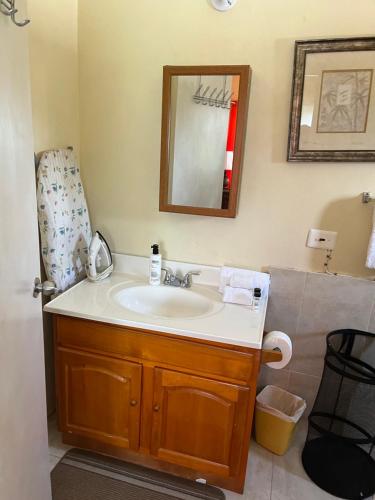 a bathroom with a sink and a mirror at Cool Breeze Mobay in Montego Bay