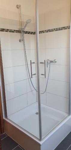 a shower with a glass door in a bathroom at FW 3 Zimmer 1OG 80qm 
