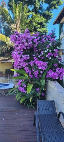 a bench on a wooden deck with purple flowers at Solar do Forte Flats in Ubatuba