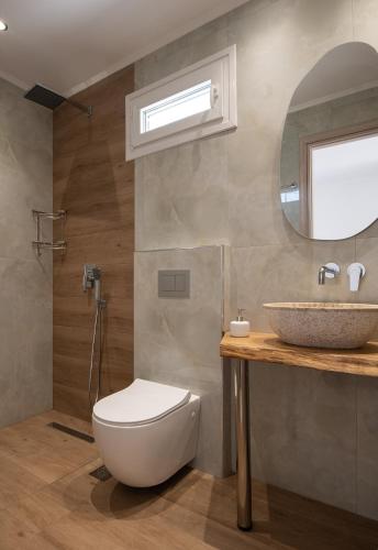 a bathroom with a sink and a toilet and a mirror at Diva Lodge in Sikia