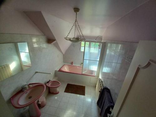 La salle de bains est pourvue d'un lavabo et d'une baignoire rose. dans l'établissement Gite de bel air - Gite de groupe à 1 h30 de Paris, à Grandchamp