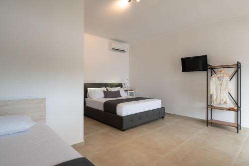 a bedroom with a bed and a flat screen tv at Diva Lodge in Sikia