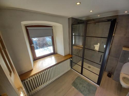 a bathroom with a shower and a window and a toilet at joseph in Monschau