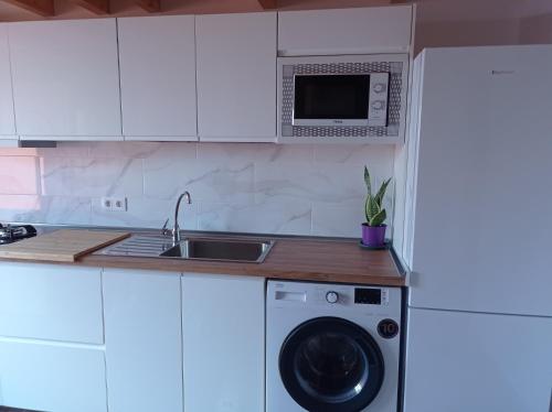 a kitchen with a washing machine and a microwave at Mar y reina in Puerto del Rosario