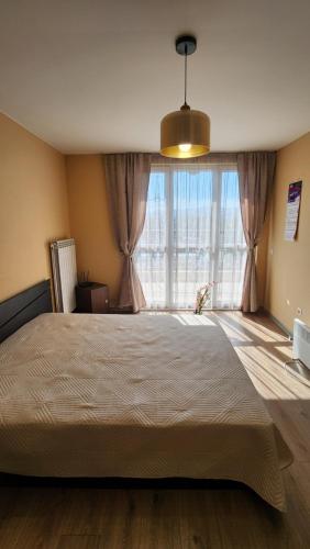 1 dormitorio con 1 cama grande y ventana grande en Budget overnight- Struma highway en Pernik