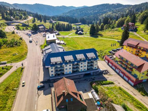 an aerial view of a town with a train station at Apartment 104 in Feldberg