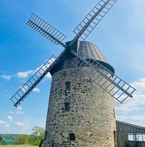 a windmill in a field with a blue sky at Harzhotel Warnstedter Krug in Thale